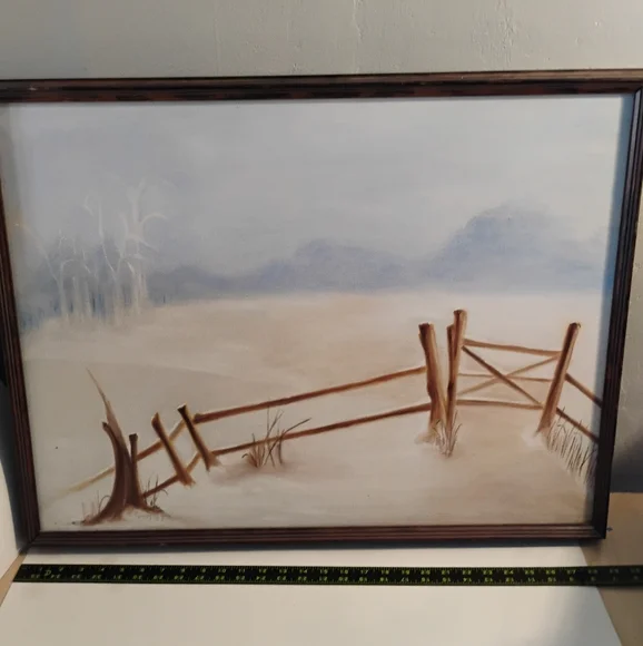 Rustic Winter Landscape Art with Brown Fence By Ginny Hamlin 1987 - Picture 7 of 14